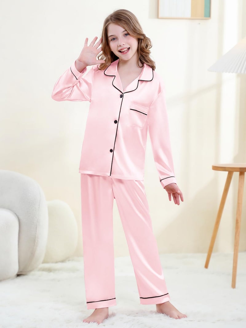 Umeyda Girls Pajamas Set, 2 Piece PJS Set Satin Silk Button Down Sleepwear Loungewear Outfit for Teen Kids Boys Girls, Baby Pink, 9-10 Years = Tag 150 - Image 2